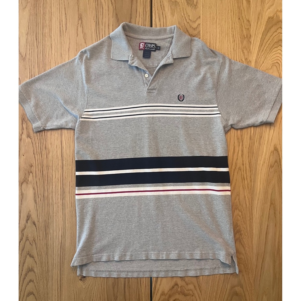 Vintage Chaps Ralph Lauren Mens Large Striped Polo Shirt Gray Navy Short Sleeve